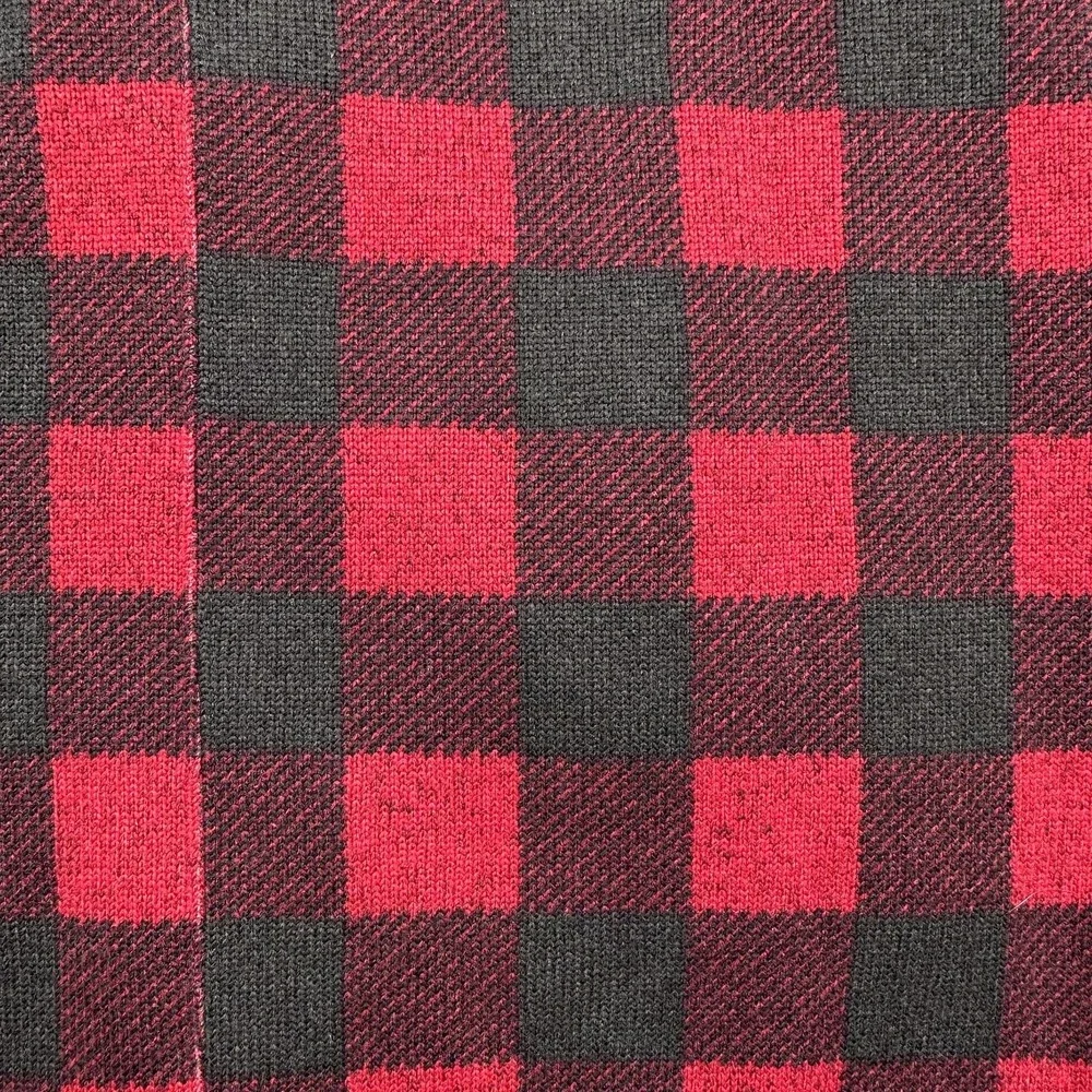 LL Bean Sweater Fleece Long Vest Womens Small Red Buffalo Plaid Full Zip Pockets